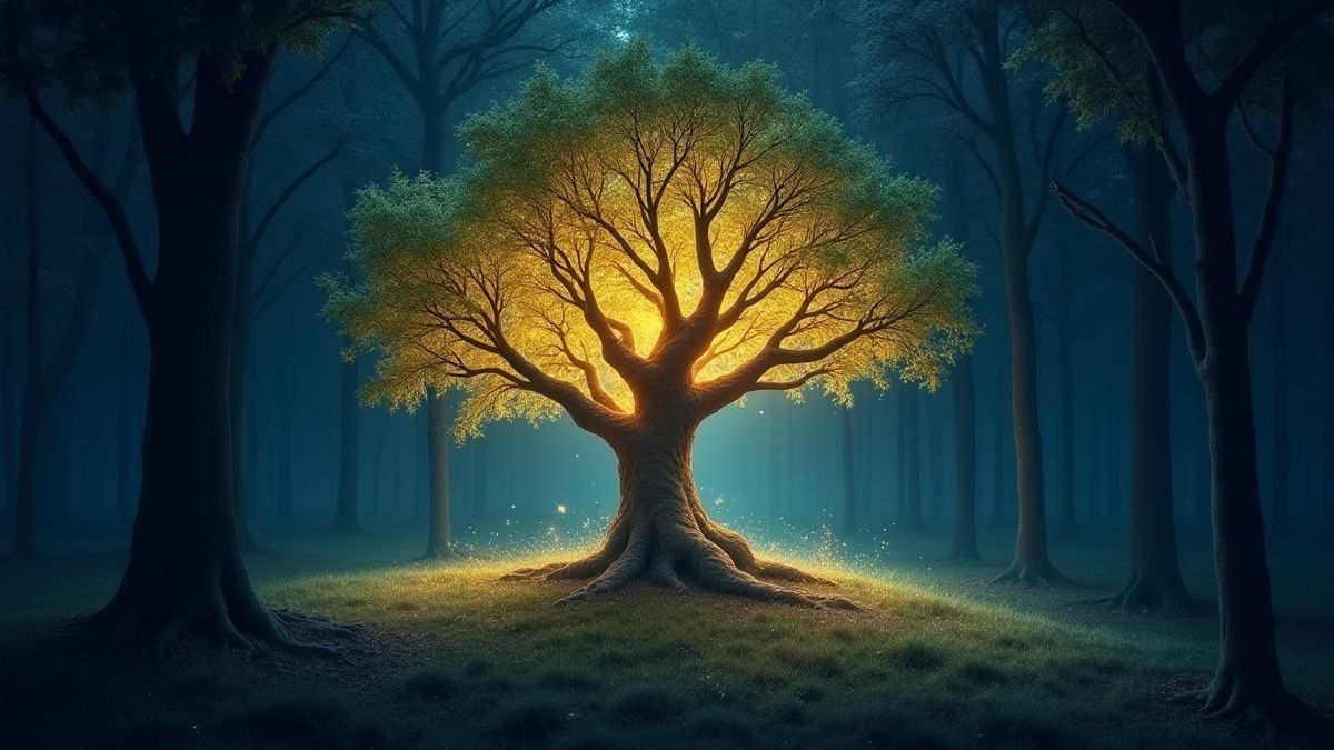 Leuchtender Baum in einem verzauberten Wald bei Nacht mit magischen Funken darum herum.