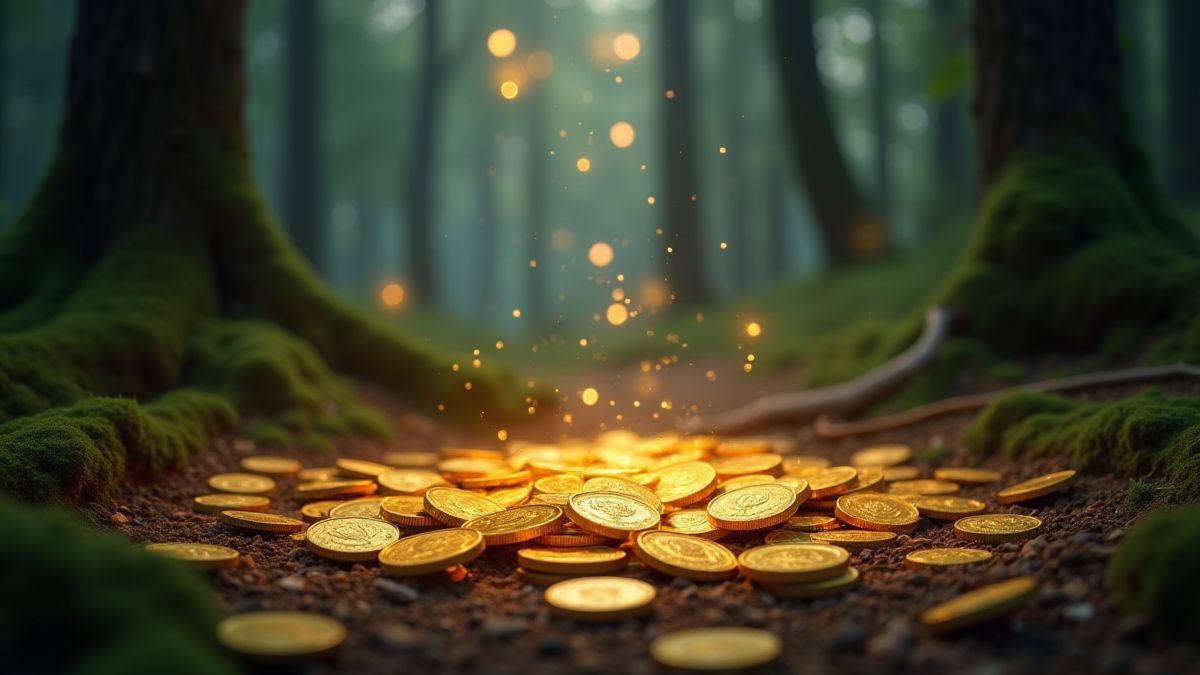 Goldmünzen verstreut in einem mystischen Wald mit magischen Funken um sie herum.