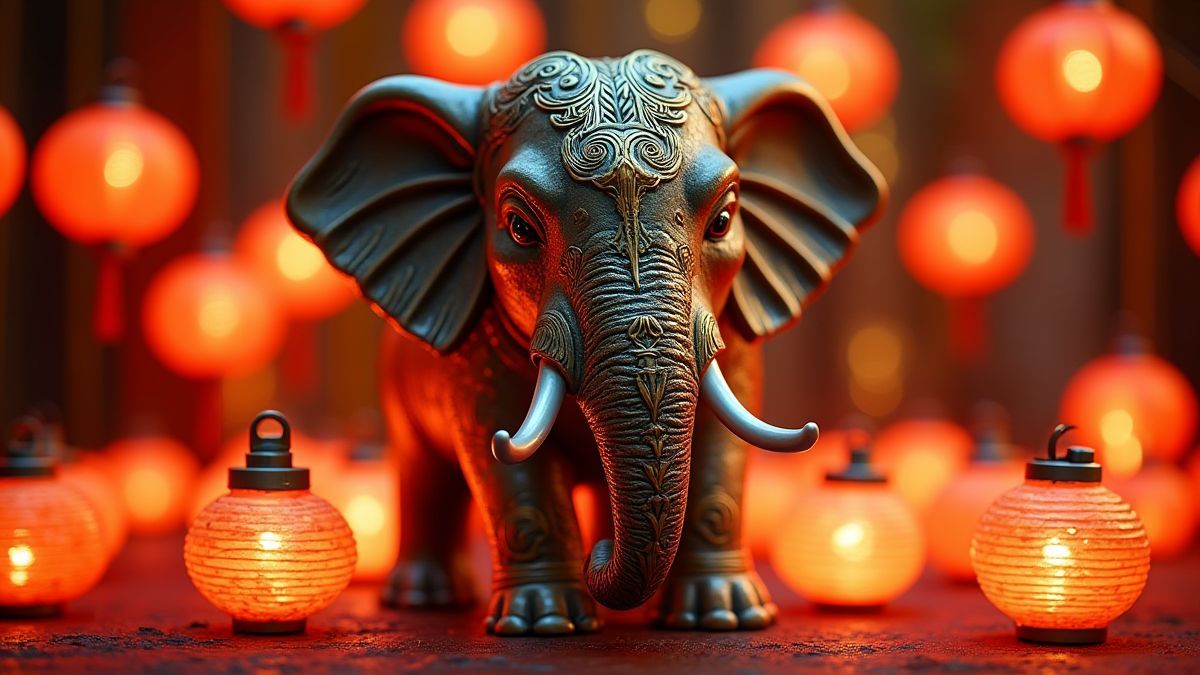 Oriental elephant statue decorated with lanterns