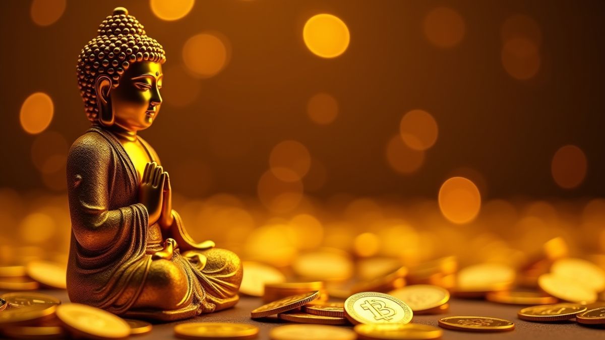 Golden Buddha statue surrounded by shining coins