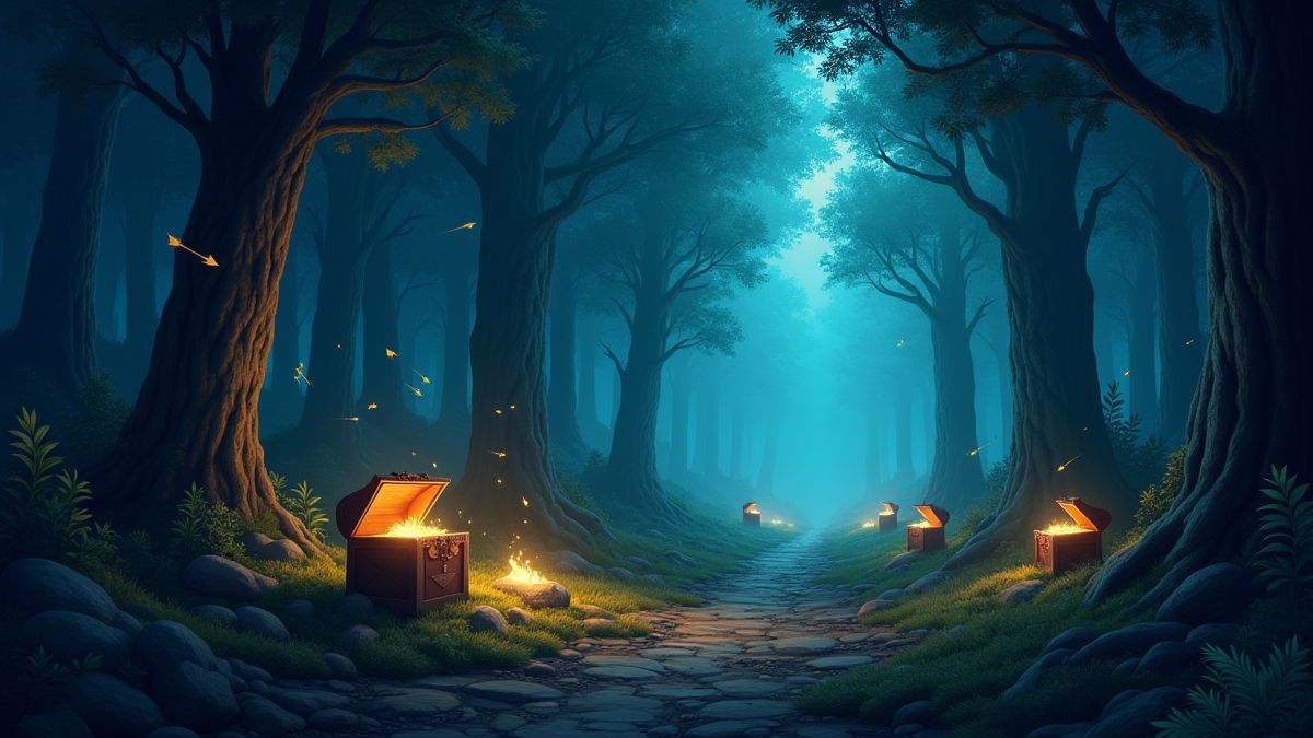 Medieval forest with treasure chests and flying arrows.