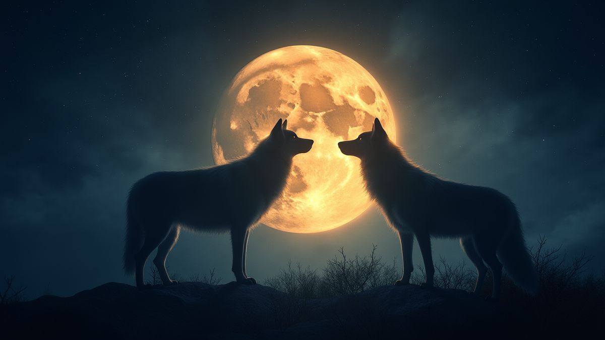 Lua cheia brilhante com a silhueta de um lobo místico.