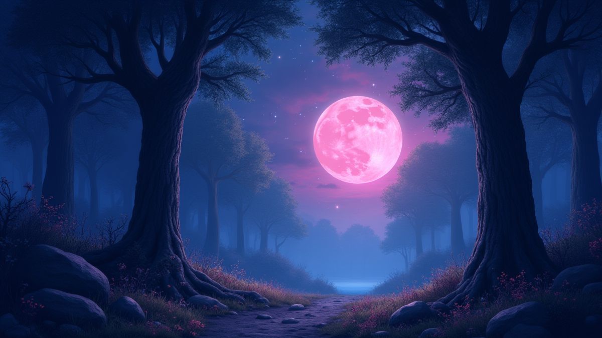Ein magischer Wald unter einem rosa Vollmond mit leuchtenden Sternen.