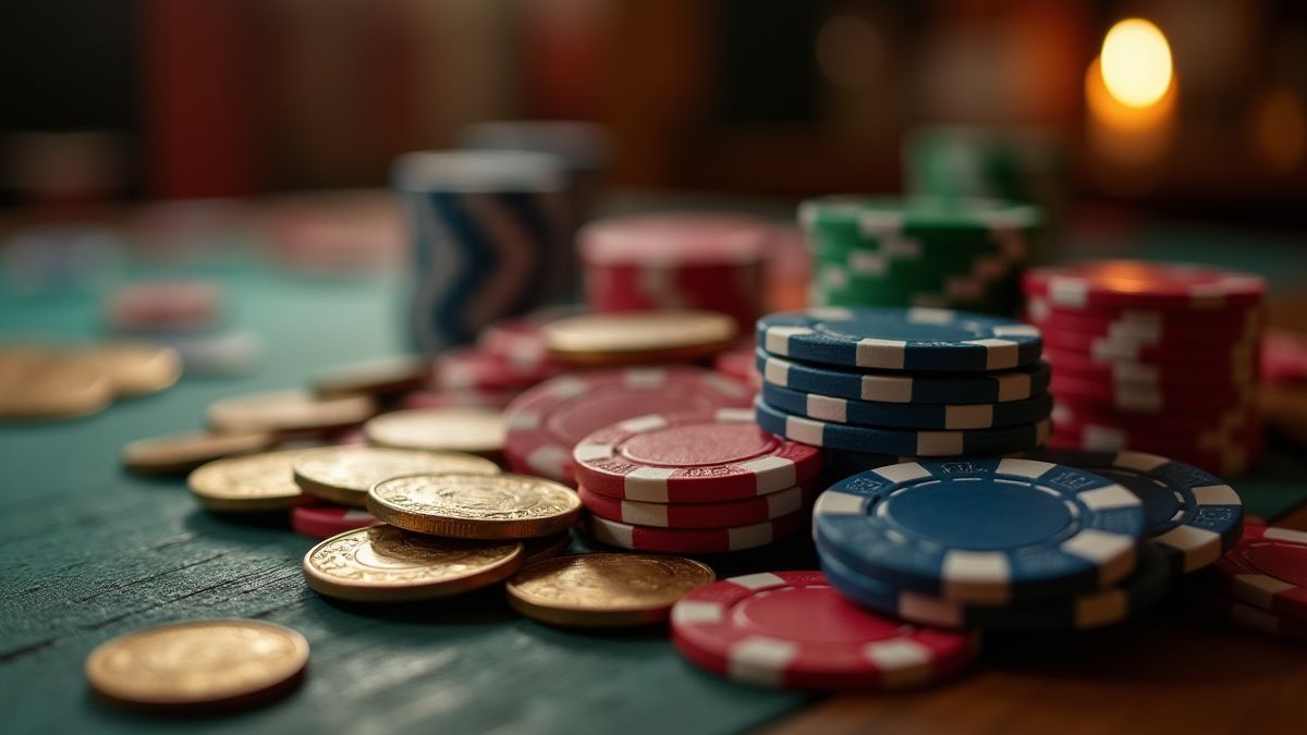 Casino-Chips und Münzen auf einem Tisch mit mystischem Flair.