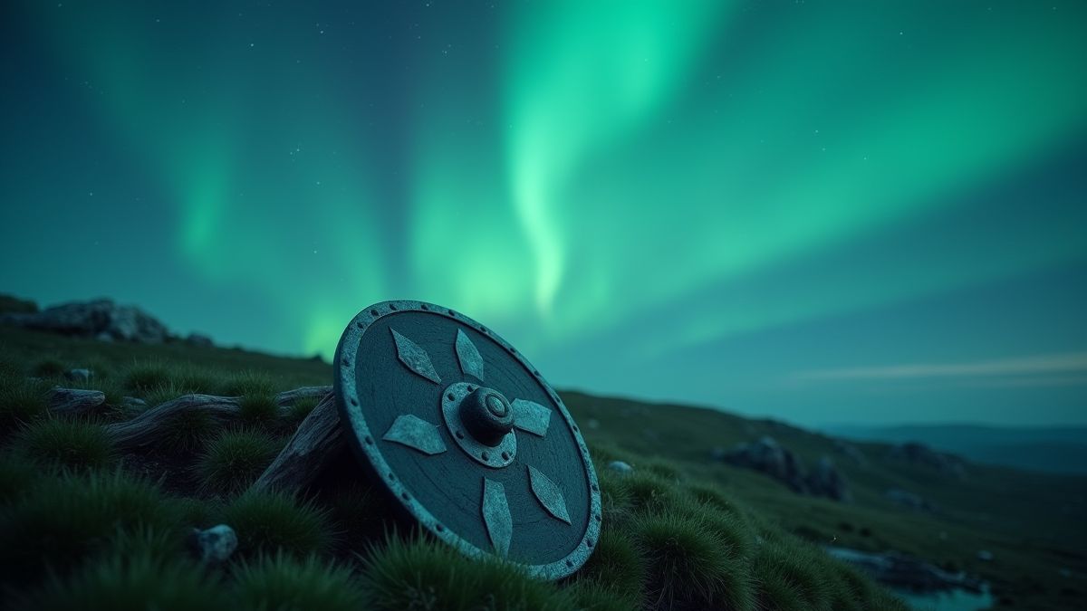 Escudo y espada vikingos sobre una colina bajo la aurora boreal.