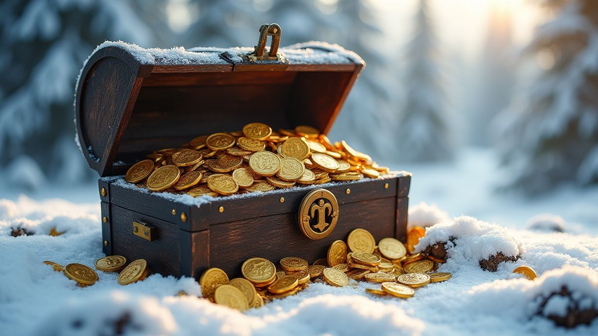Cofre del tesoro lleno de monedas de oro y artefactos vikingos en un paisaje nórdico nevado.