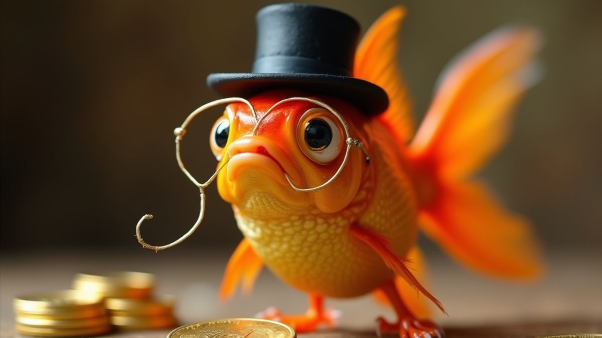 Un poisson rouge avec monocle et haut-de-forme, près d'une pile de pièces d'or.