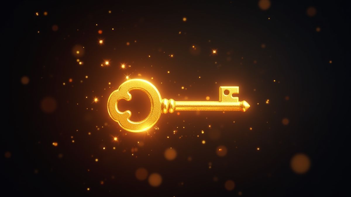 Clé dorée brillante entourée de scintillements.
