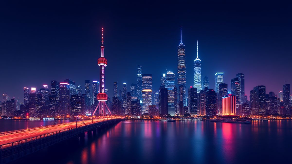 Horizon urbain nocturne avec des lumières de néon brillantes.