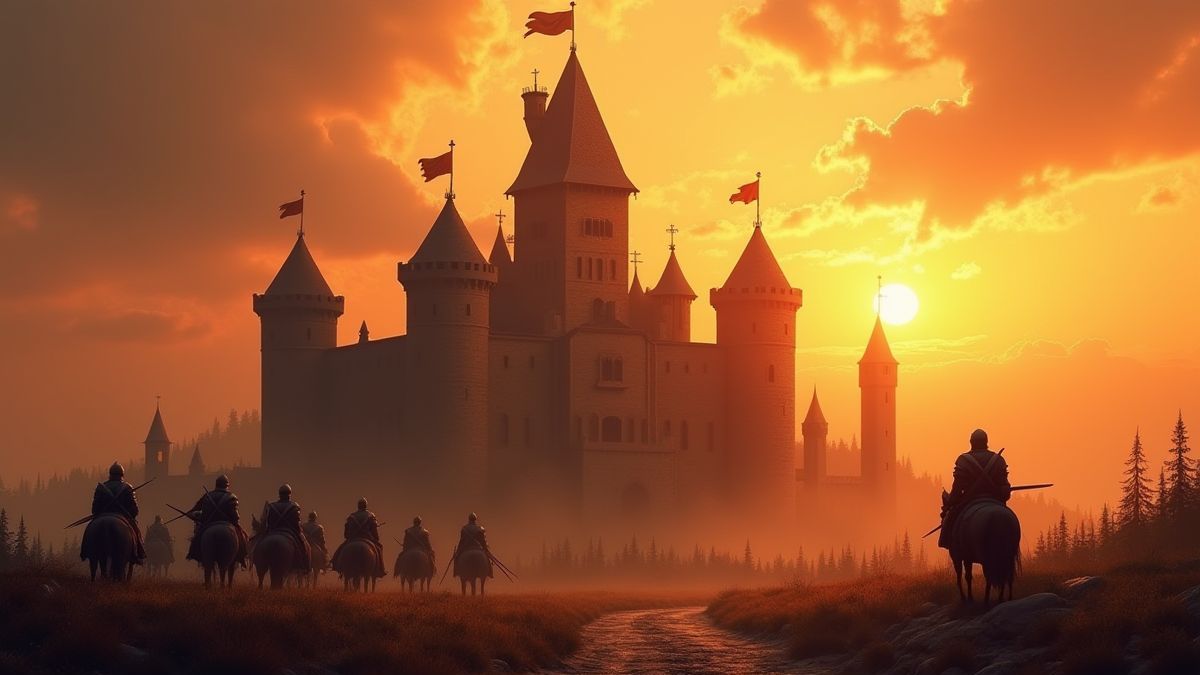 Castillo medieval con caballeros y puesta de sol
