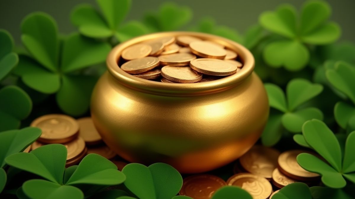 Pot of gold surrounded by clovers.