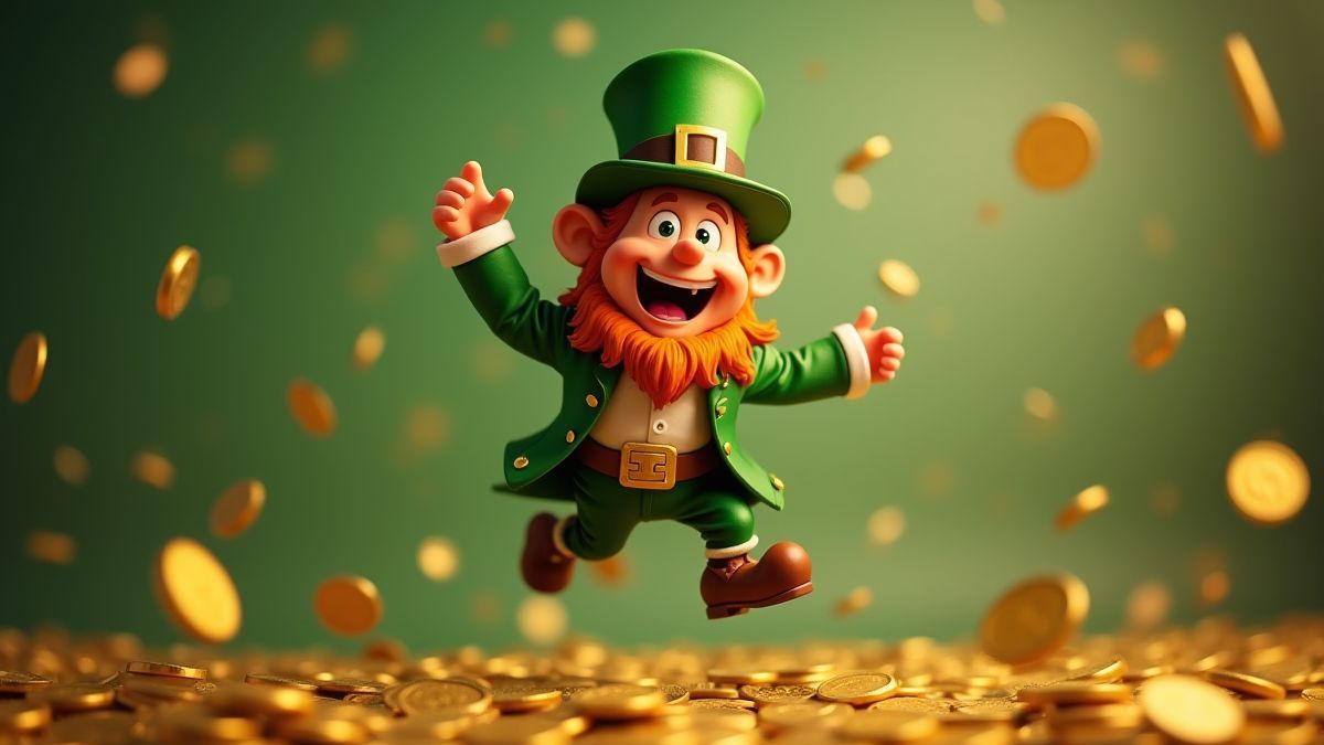 Happy leprechaun jumping among gold coins.