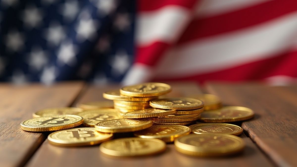 Golden coins on a table with an American flag in the background.