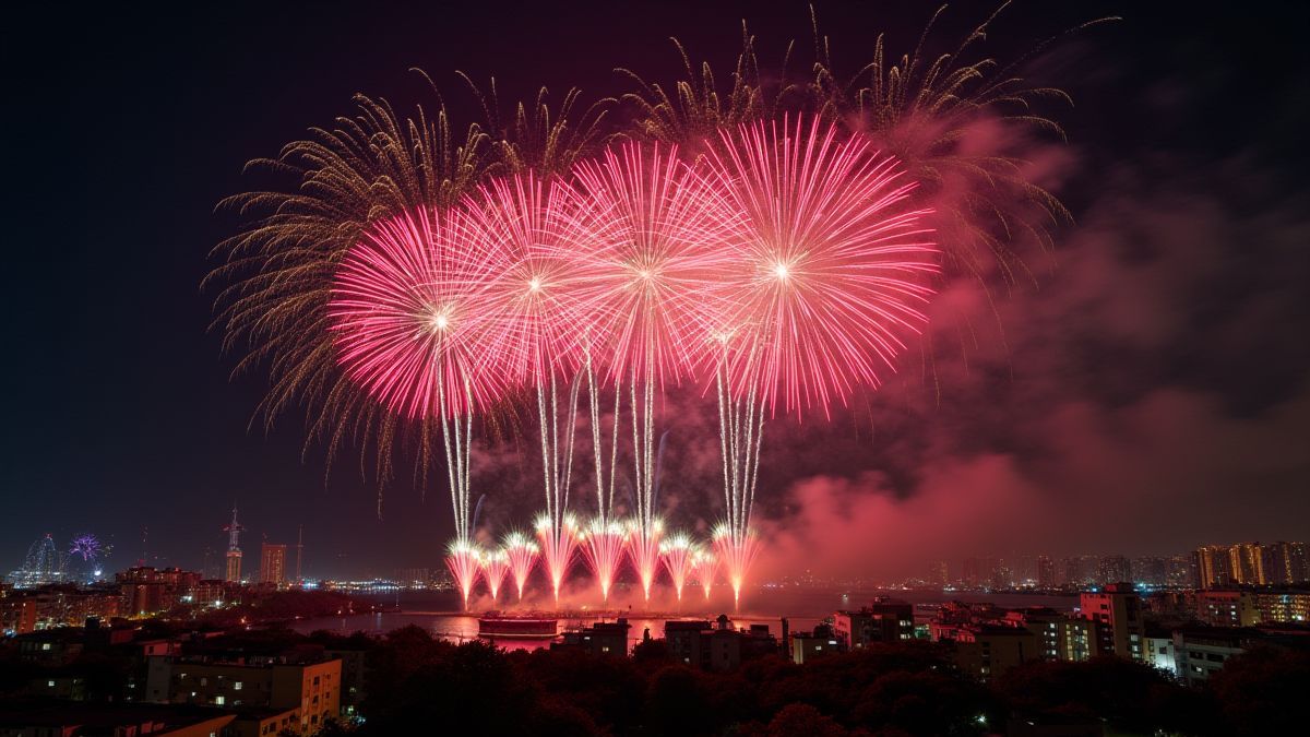 Fireworks over a city illuminated at night.
