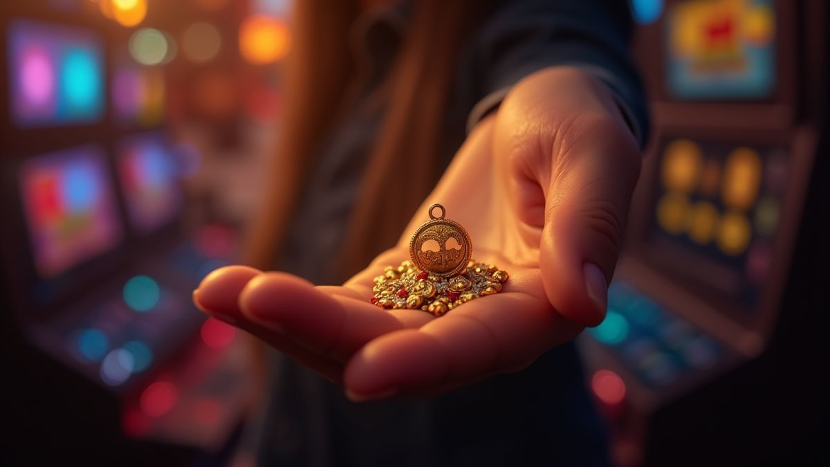 Person holding a lucky charm with a glowing slot machine in the background.