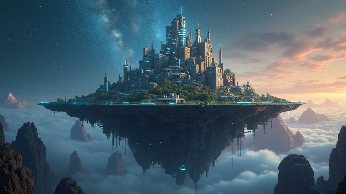 Een drijvend futuristisch eiland omringd door glanzende tandwielen en hemelse luchten.