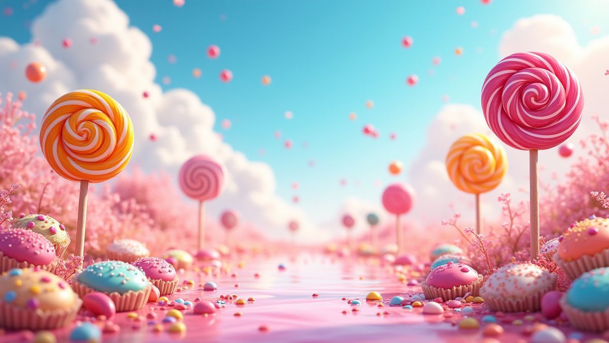 Un paisaje de caramelos con piruletas vibrantes y dulces coloridos.