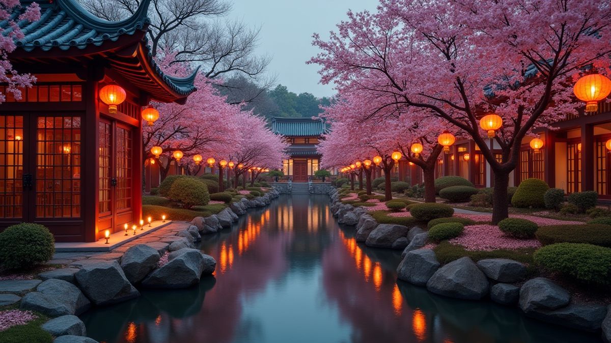 Chinese tuin met verlichte lantaarns en sakura-bomen.
