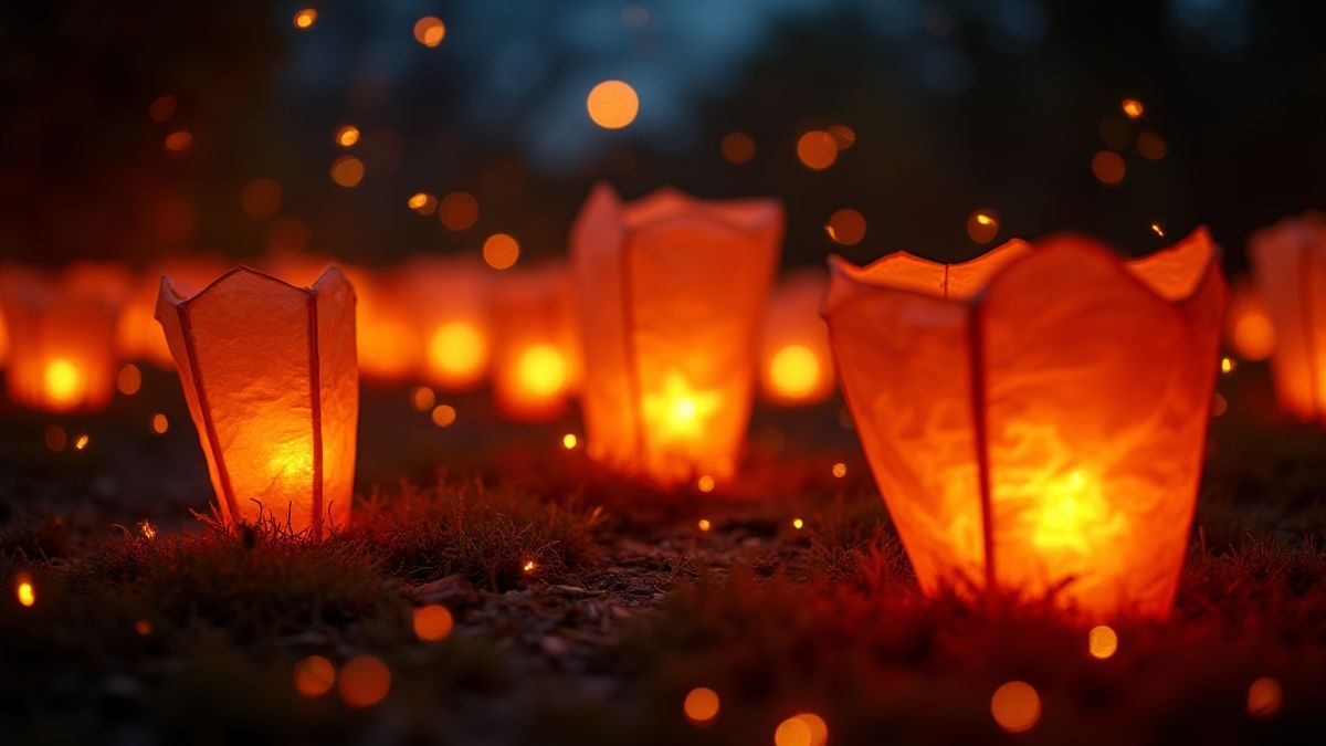 Verlichte lantaarns omringd door vuurvliegjes.