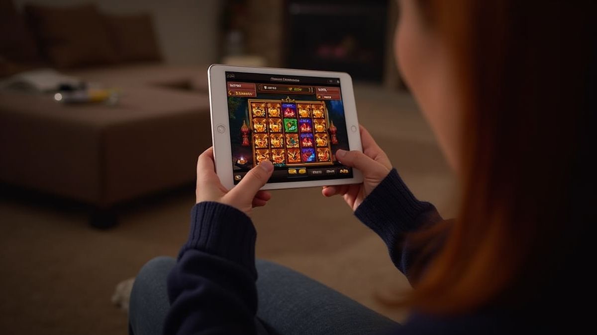 Speler genietend van Lantern Luck Slot op een tablet.