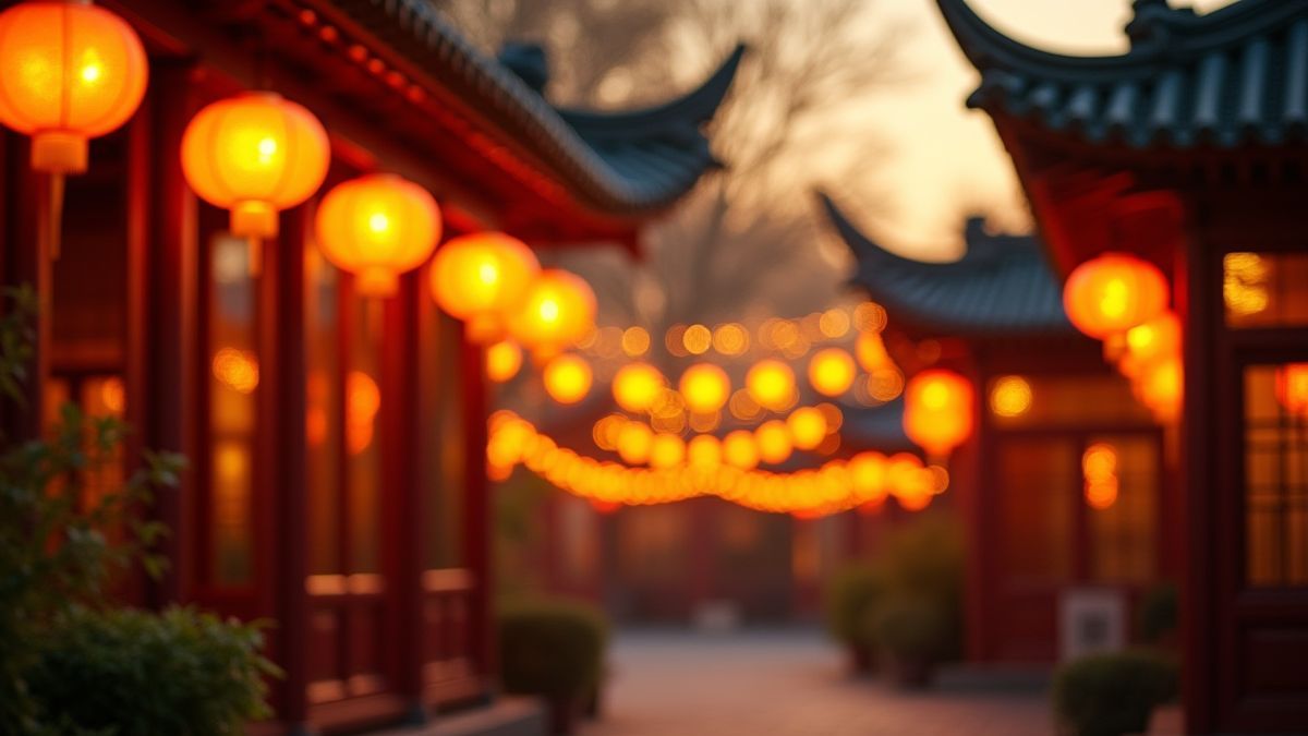 Luminaires dorés éclatants dans un cadre paisible avec une architecture de style chinois.
