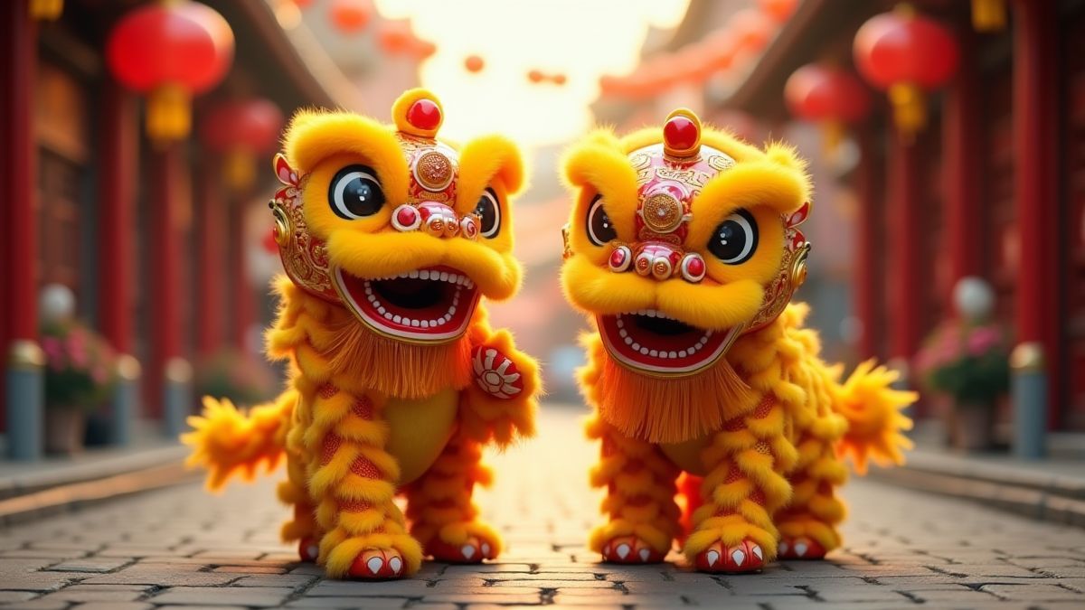 Deux lions dorés dansant joyeusement dans une rue traditionnelle chinoise.