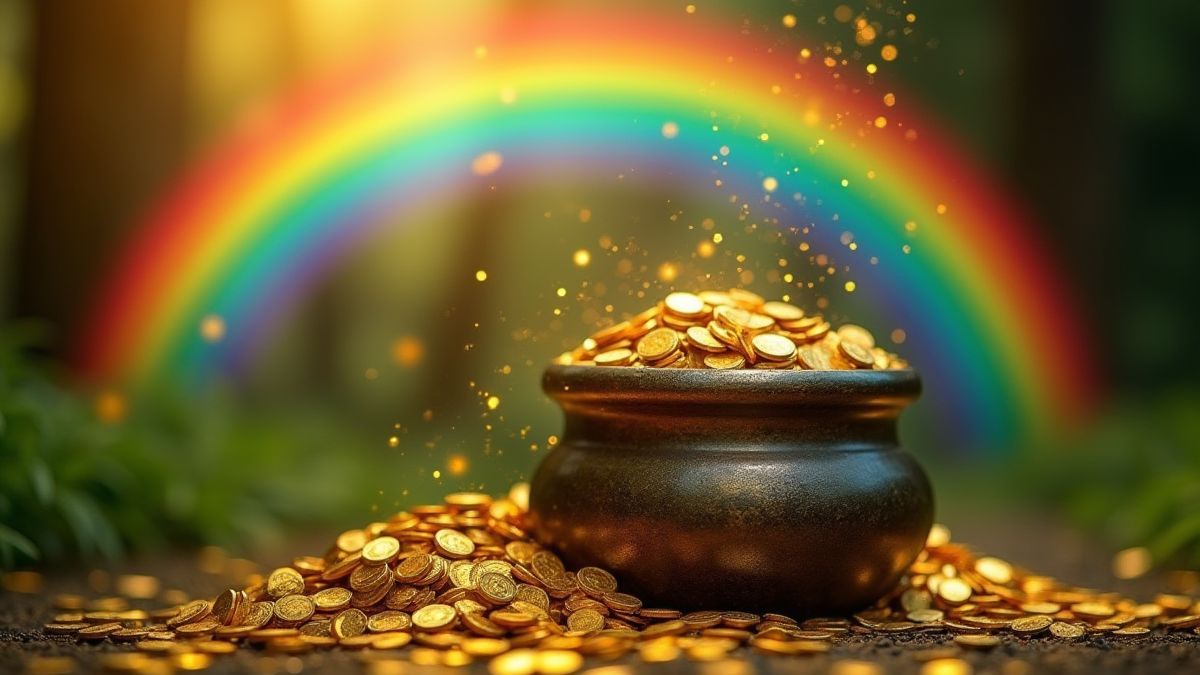 Um caldeirão de ouro sob um arco-íris com moedas brilhantes.
