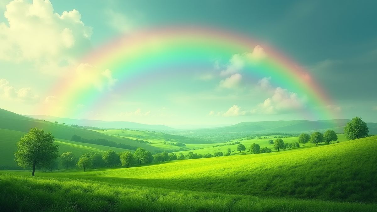Um paisagem irlandês verde com um arco-íris vibrante no céu.