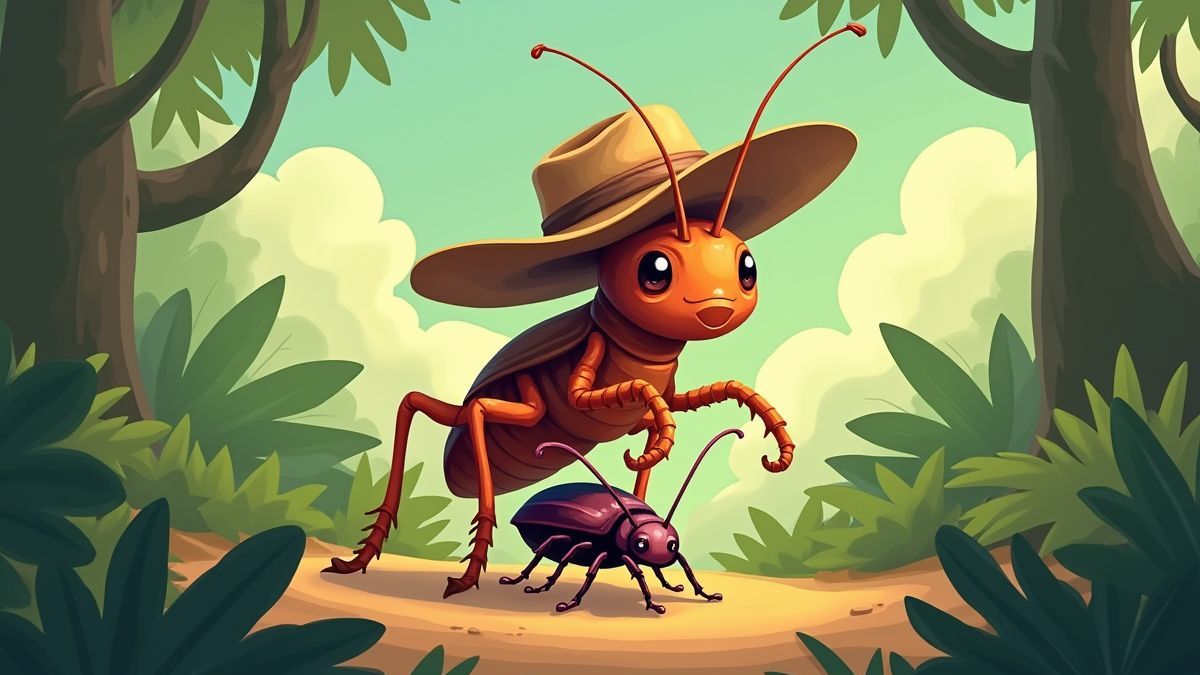 Una cucaracha con sombrero vaquero montando un escarabajo en una jungla.
