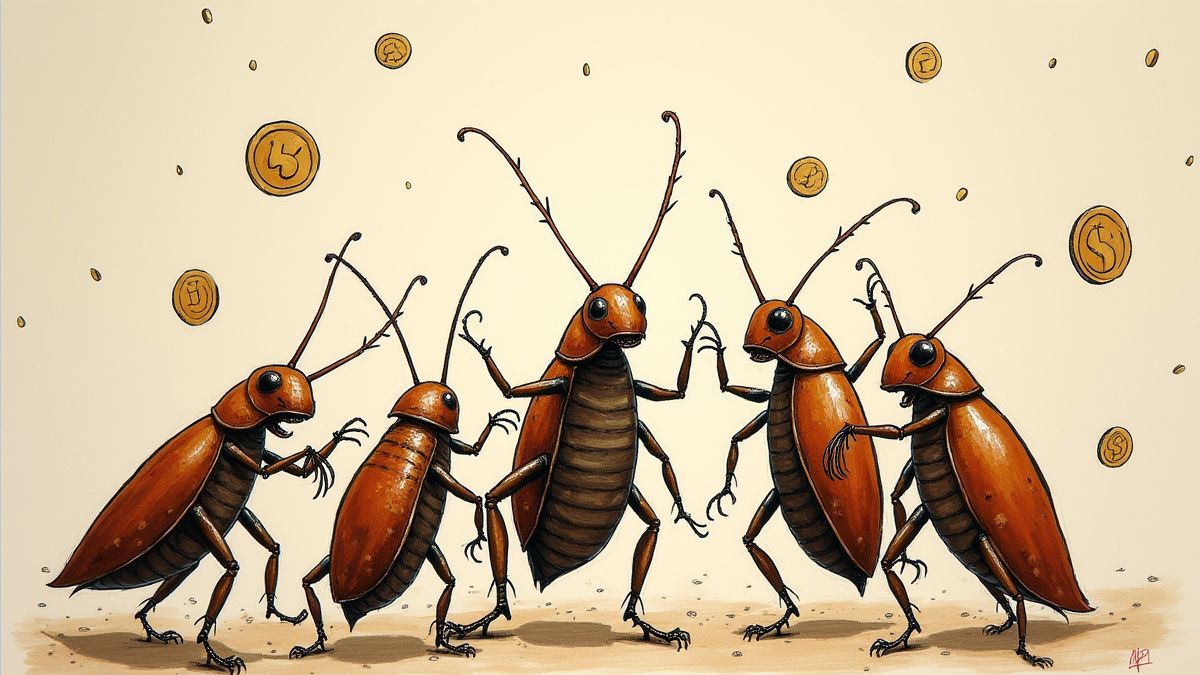 Cucarachas celebrando con monedas volando a su alrededor en un ambiente festivo.