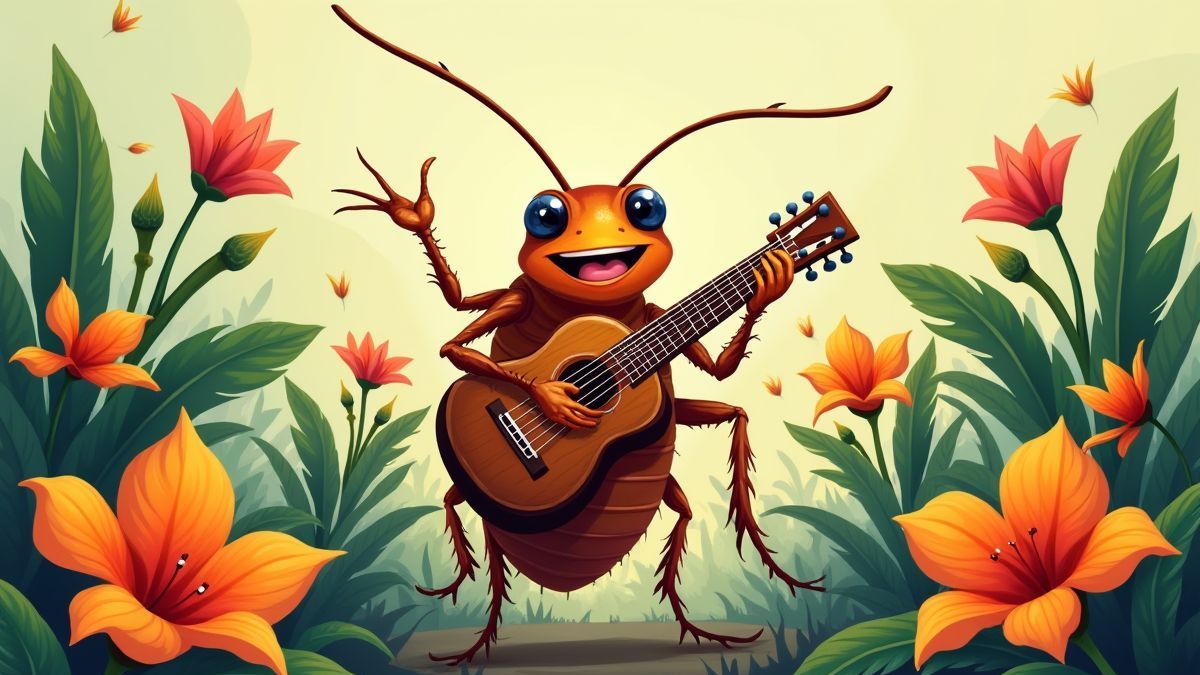 Cucaracha feliz tocando la guitarra rodeada de flores tropicales.