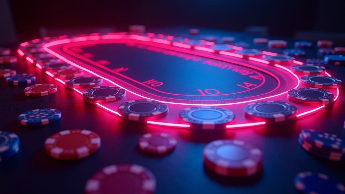 Table de poker illuminée avec jetons et cartes