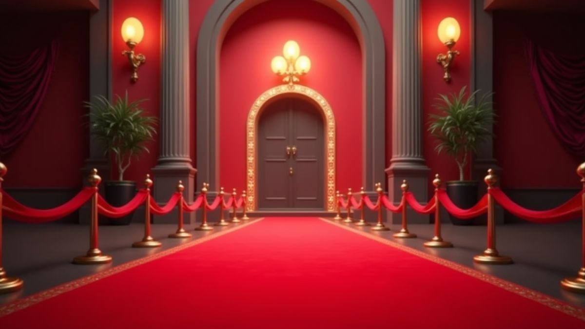 Entrée de casino luxueuse avec tapis rouge et projecteurs.
