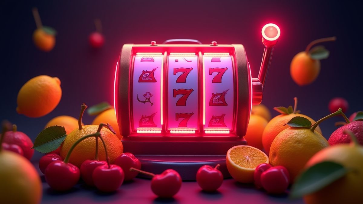 Máquina tragamonedas neón con frutas iluminadas.