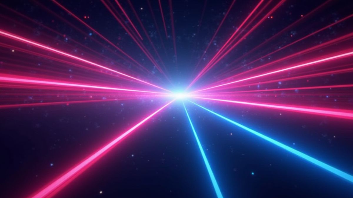 Rayos láser neón expandiéndose en un fondo oscuro.