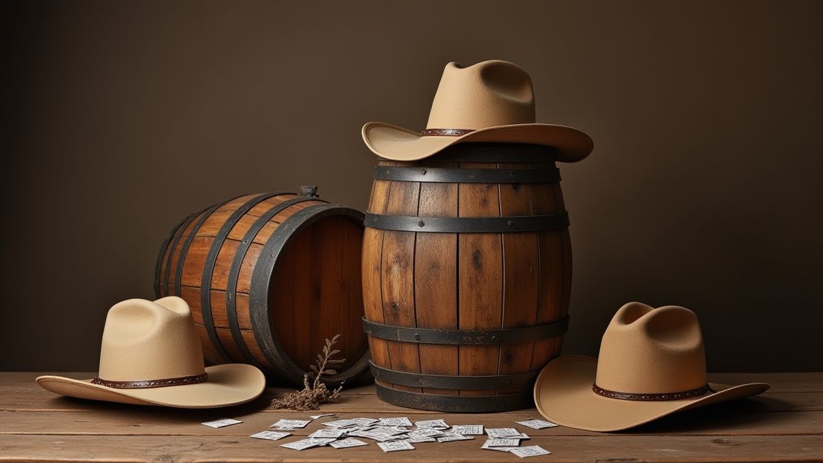 Barril de madera con sombreros de vaquero y cartas de póker alrededor.