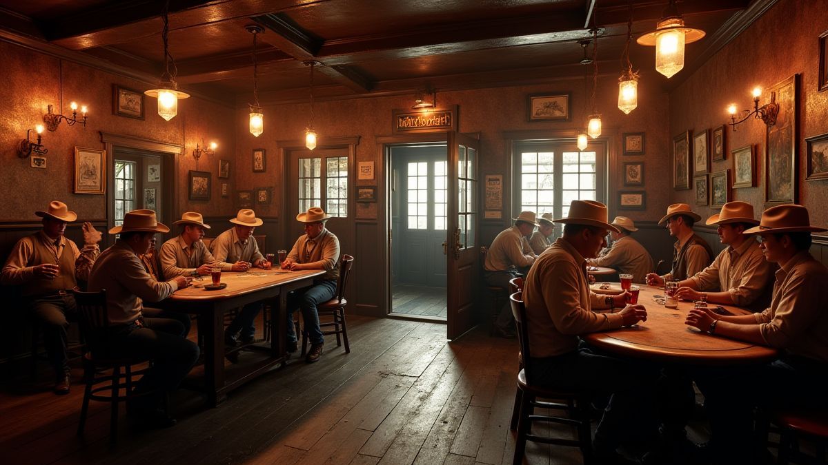 Saloon plein de cowboys avec des tables de poker et des portes battantes.