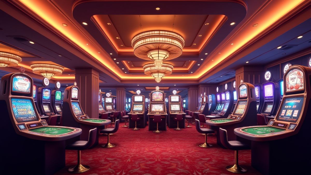 Un casino de luxe anim&eacute; avec lumi&egrave;res brillantes et d&eacute;coration &eacute;l&eacute;gante.