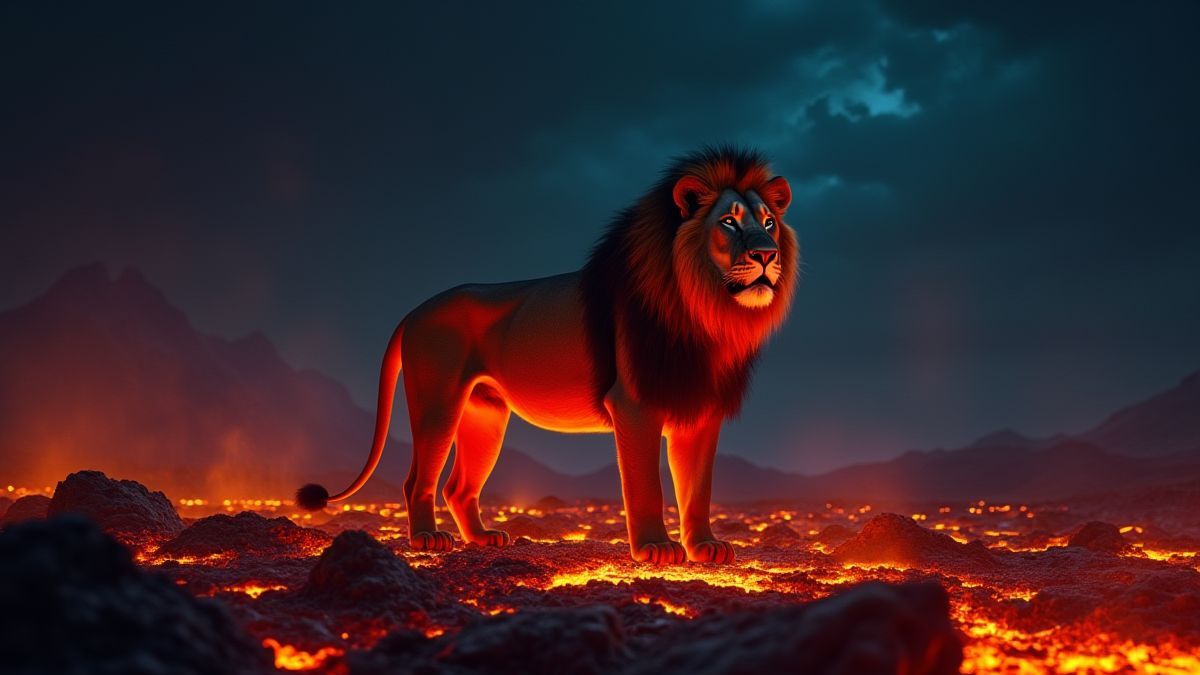 A majestic lion on a glowing lava field under the night sky.