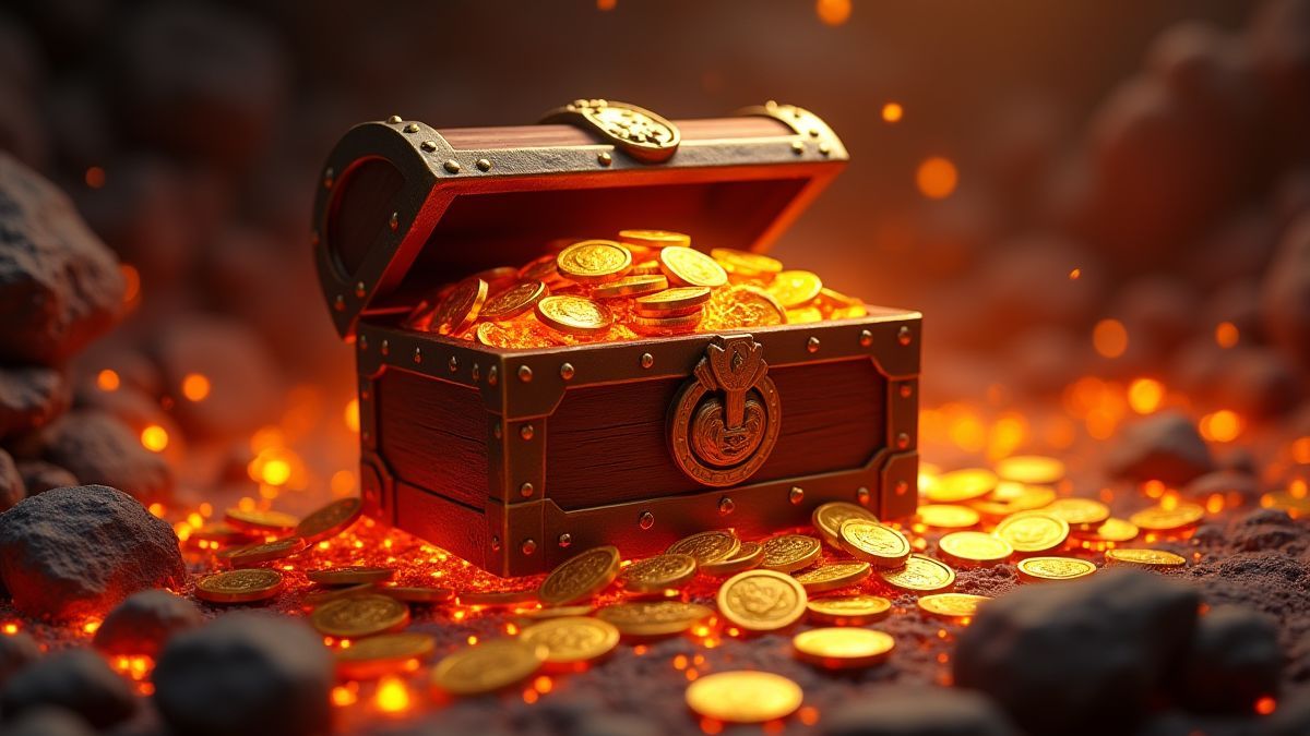 A treasure chest surrounded by glowing lava and golden coins.