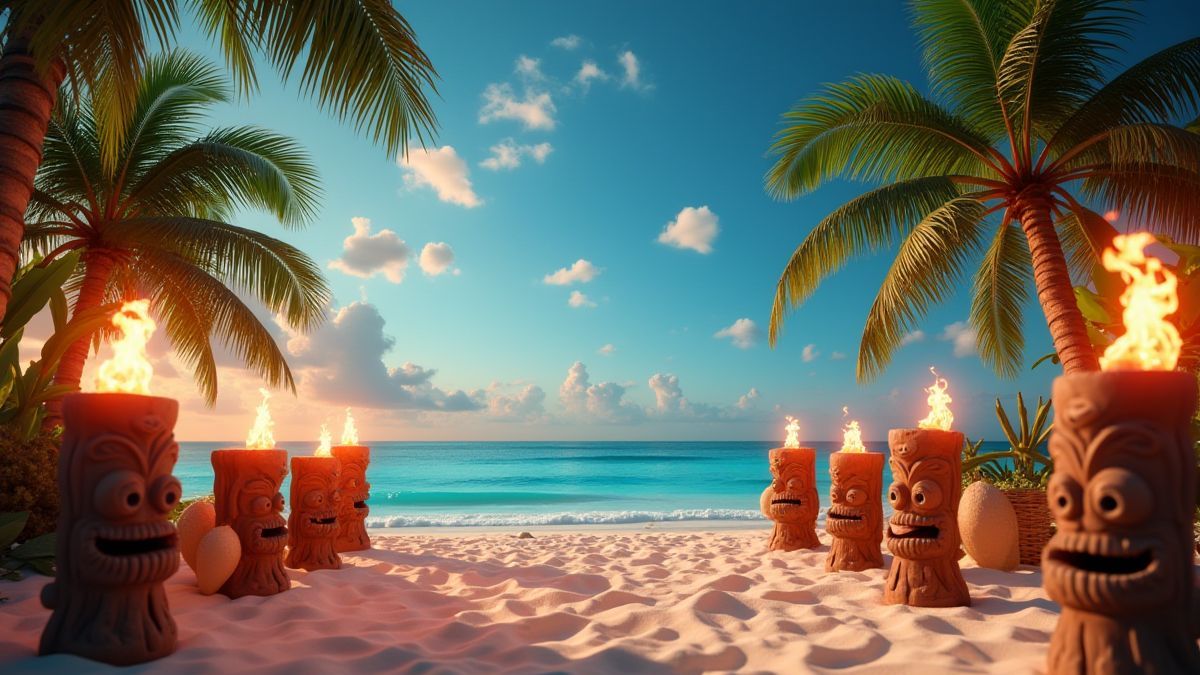 Tropical beach scene with tiki torches and palm trees.