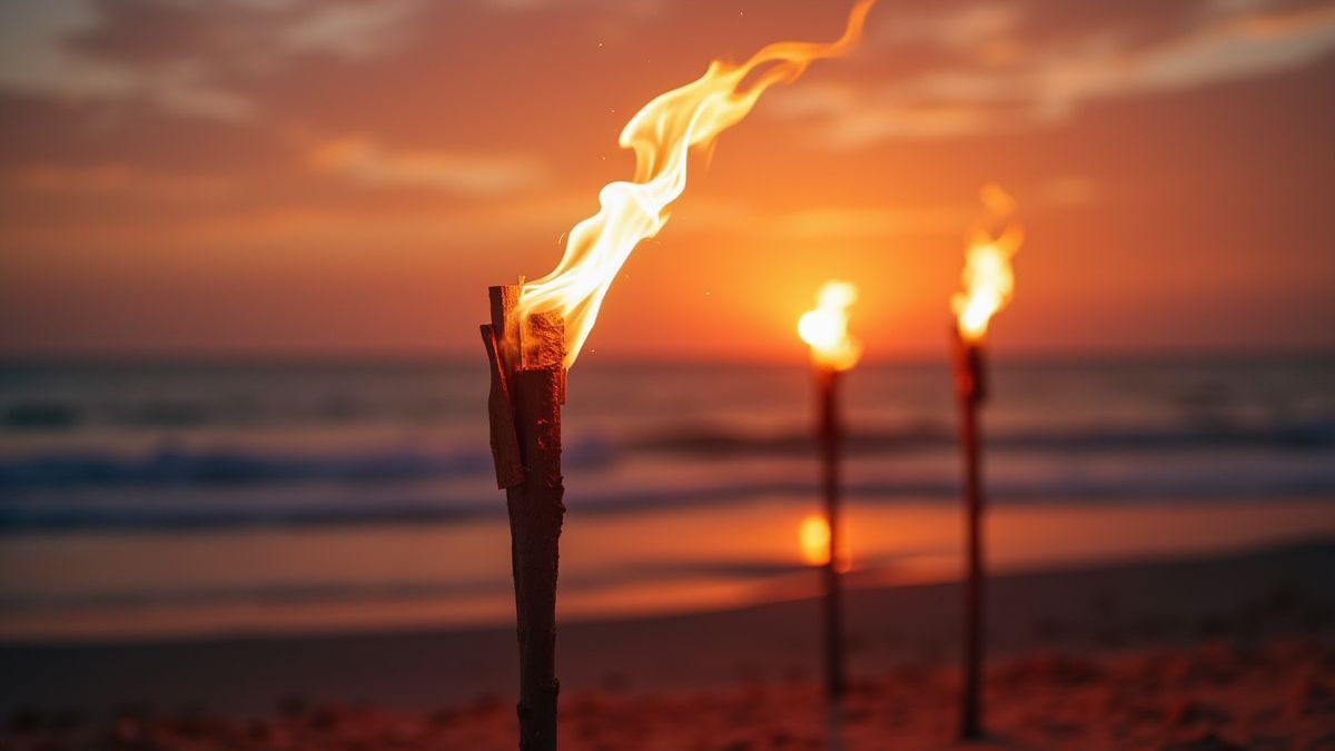 Tiki torches on the beach at sunset.