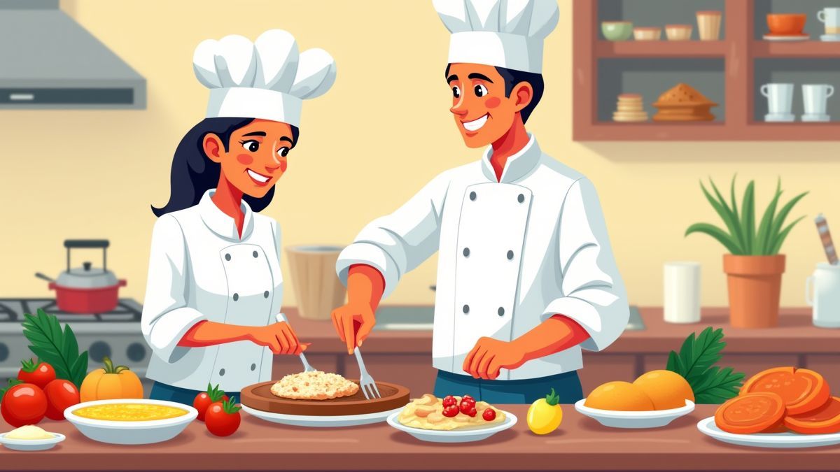 Uma cozinha animada com um chef preparando pratos deliciosos.