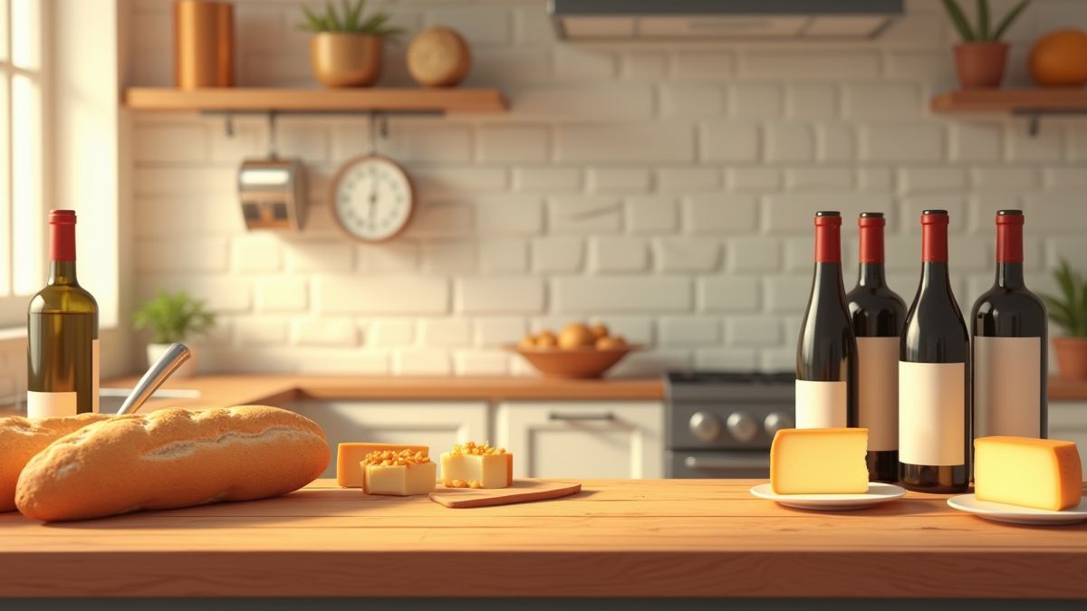 Mostrador de cozinha francesa com baguettes, queijos e garrafas de vinho.