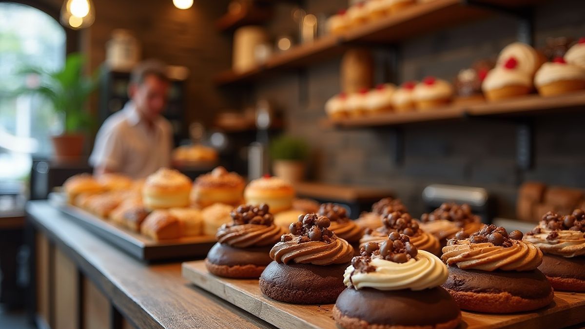 Een gezellige Franse patisserie met chocolade en gebak op houten planken.