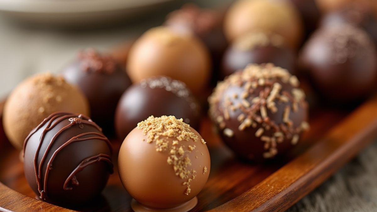 Chocolade truffels op een houten schaal met elegante decoratie.