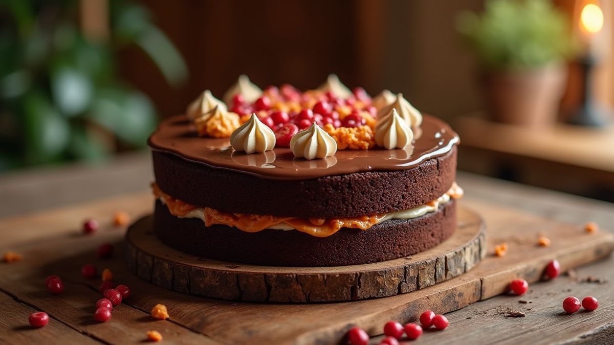 Pastel de chocolate decorado con colores vivos en un ambiente acogedor.