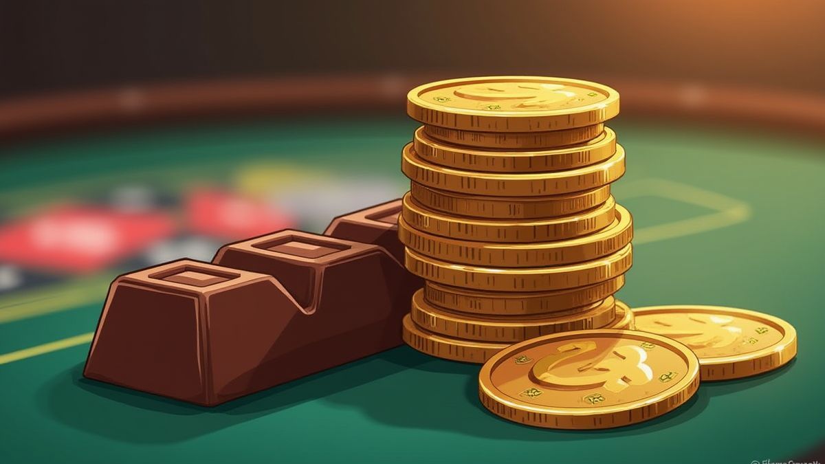 Monedas junto a una barra de chocolate en un entorno de casino.