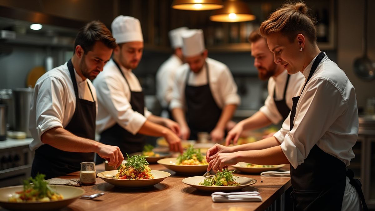 Luxury kitchen with chefs preparing gourmet dishes.