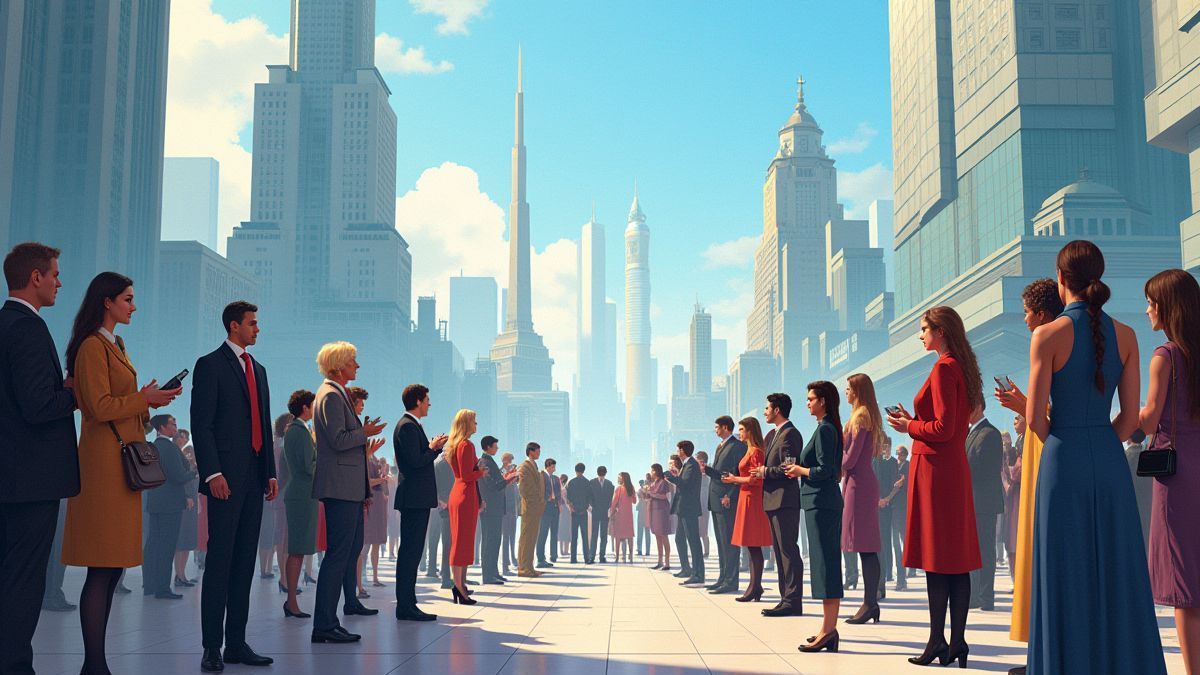 Cidade futurista com líderes interagindo em um ambiente vibrante.